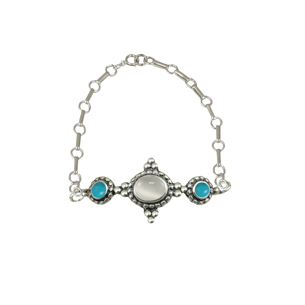 Sterling Silver Gemstone Adjustable Chain Bracelet With White Moonstone And Turquoise